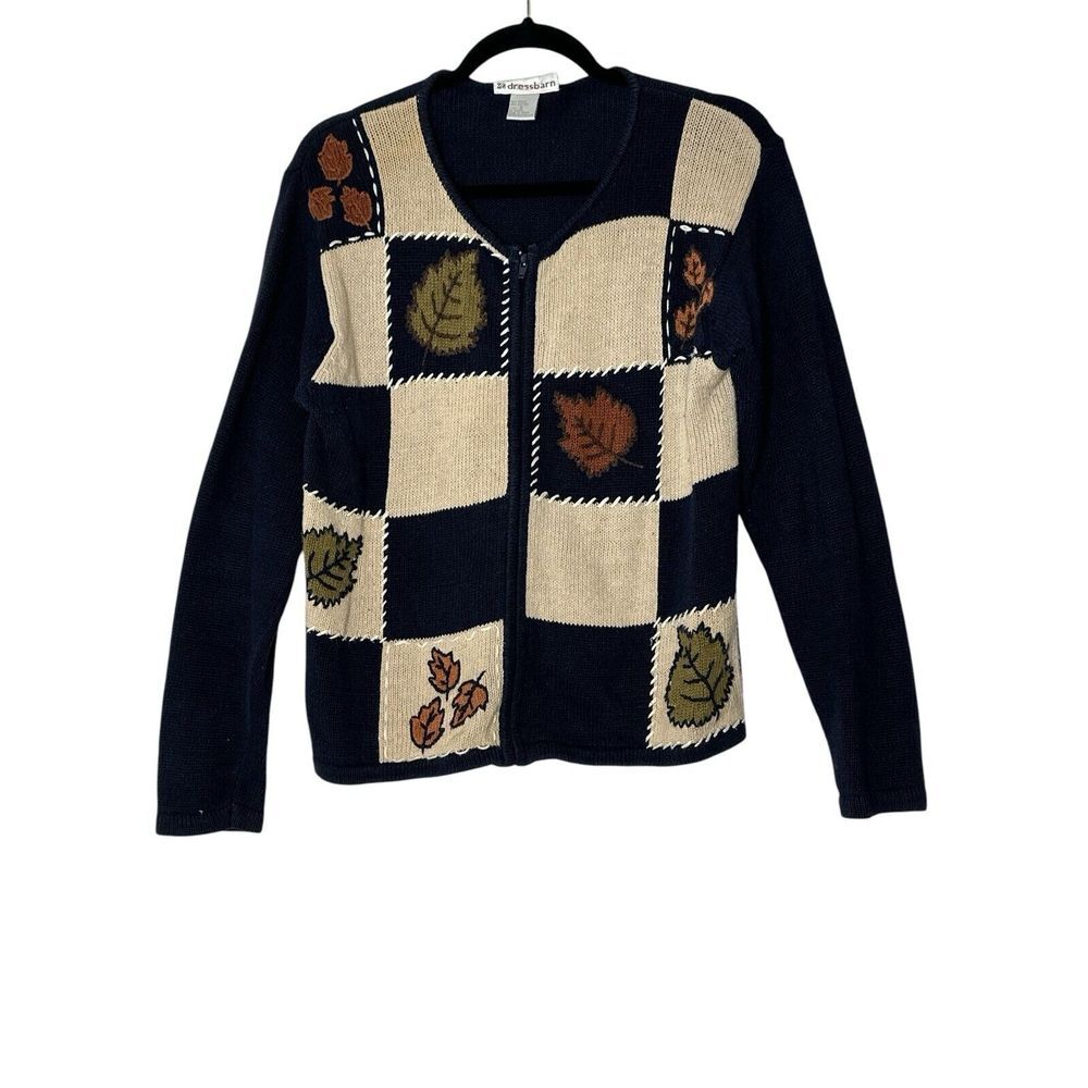 Vintage Dressbarn Sweater Cardigan Women Small Autumn Leaves Full Zip Knit Y2K
